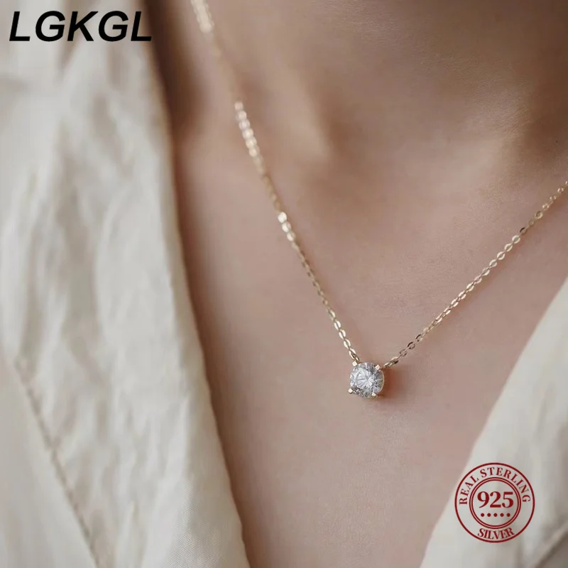 LGKGL 925 Sterling Silver 18k Gold Plated Necklaces Versatile Single Sparkling 6mm Zircon Clavicle Chain Female Wedding collars